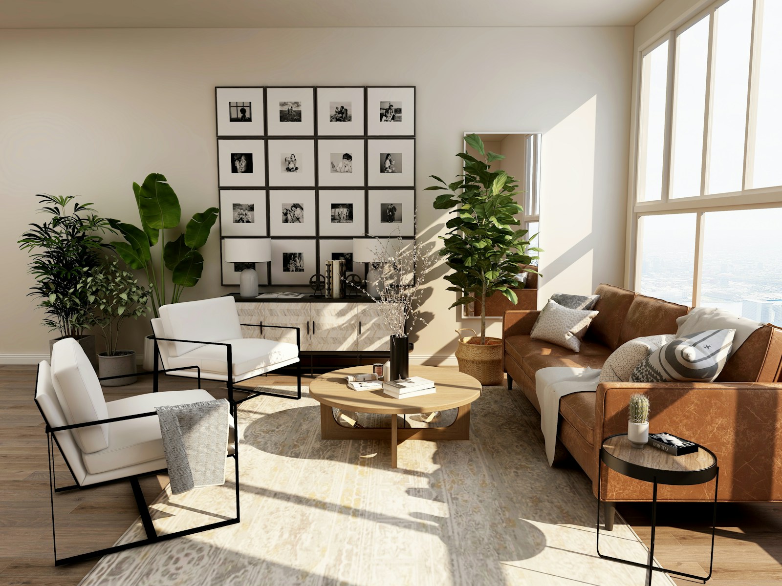 Renovated modern living room with warm wood architectural details